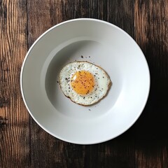 Freshly cooked sunny side up egg served on a minimalist white plate positioned on a rustic wooden table background with natural lighting