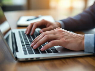 Hands of a professional typing on a laptop computer keyboard with a notebook and a pen on a wooden table