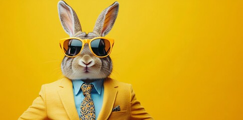 A quirky anthropomorphic rabbit in a bright yellow suit, ideal for promotional materials, children's events, or fashion campaigns emphasizing humor and style.