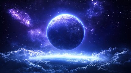 Celestial Serenity: A Cosmic Landscape of Blue Hues and Glowing Nebulae