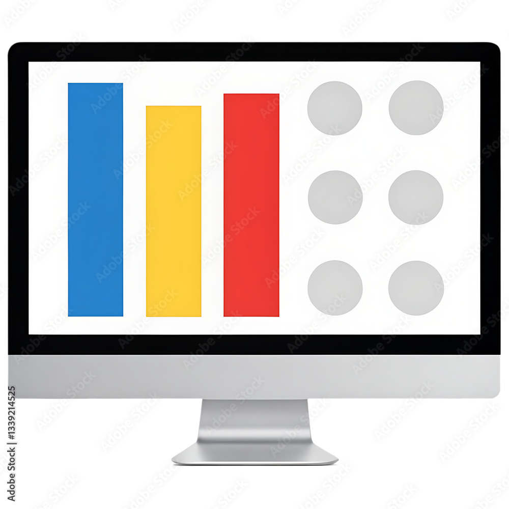 Poster computer screen displaying colorful bar graph and data points.