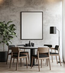 A modern dining room with a table and surrounding chairs