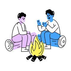 Hand drawn illustration of two friends enjoying bonfire party