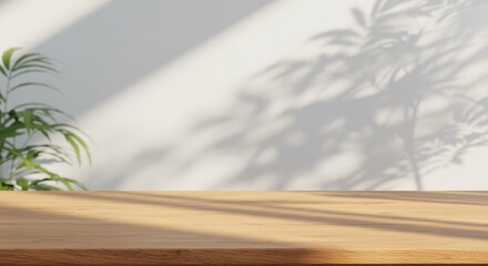 木目テーブルに映る柔らかな日差しと植物の影 穏やかな空間