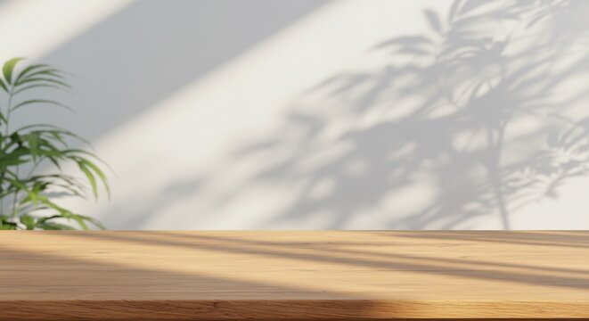 木目テーブルに映る柔らかな日差しと植物の影 穏やかな空間
