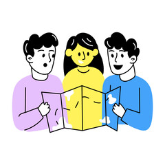 Hand drawn illustration of friends doing treasure hunt adventure