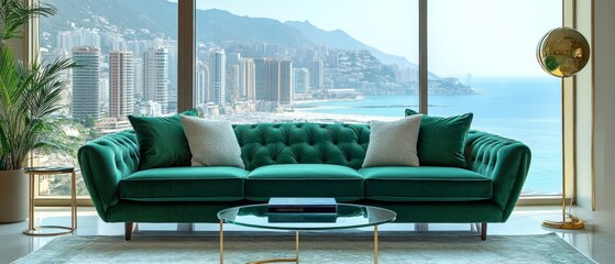 Fototapeta premium Emerald Green Velvet Sofa in Modern Luxury Apartment with Ocean View
