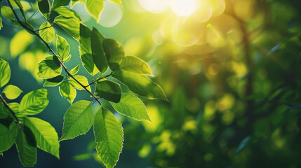 Lush green leaves illuminated by sunlight create serene atmosphere
