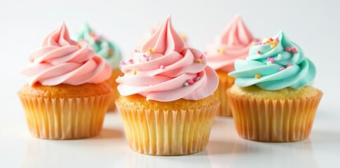 Assorted brightly frosted cupcakes, pristine white setting, red, food, frosted
