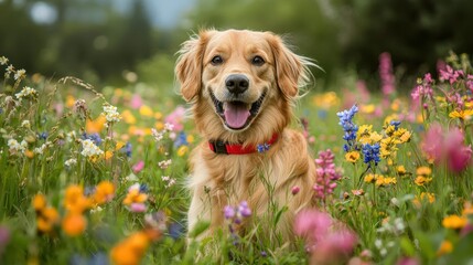 A cheerful dog wearing a bright red collar frolicking in a field of blooming flowers, lively scene and vivid colors