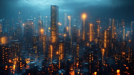 Fototapeta premium A glowing urban skyline at night with facades made of interwoven light panels 