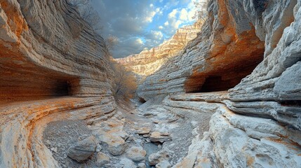 Canyon rock formations, stream, cloudy sky, autumn foliage, possible hiking