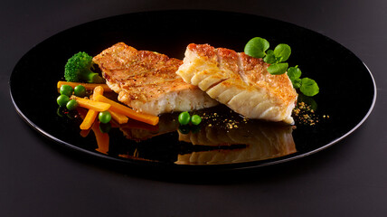 Goldbarschfilet auf schwarzem Teller mit Erbsen und Karotten, Fisch, gebraten, fine dining, 