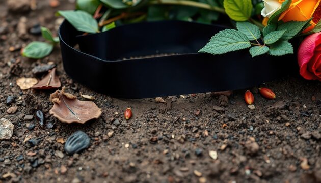 Close-up of a black mourning band removed from a wreath, lying on somber earth, sadness, death