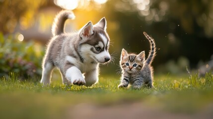 A lifelike moment of a playful husky puppy and a mischievous kitten chasing each other in a lush backyard, dynamic movement and detailed fur