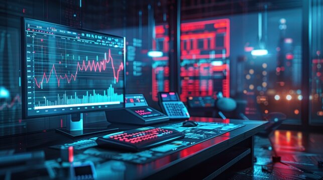 Dark Futuristic Trading Desk, Stock Chart, Server Room, Night - Powered by Adobe