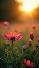 Sweet wildflowers bathed in soft sunset glow, background blurred , image, romantic, soft