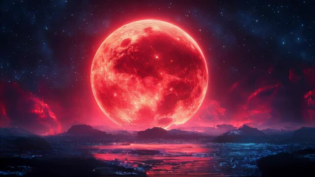 A surreal red moon glowing over a dark, mysterious alien terrain