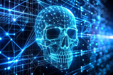 Digital Skull head with binary code, computer virus network system background