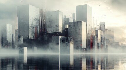 Obraz premium A conceptual cityscape with facades composed of floating geometric shape 