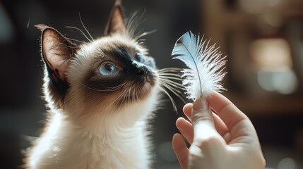 Fototapeta premium A Siamese cat batting at a feather toy held by a human hand