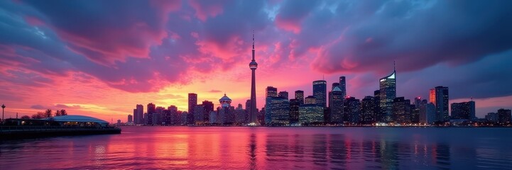 Obraz premium Dramatic cityscape at dawn, Toronto's skyline gleaming , real estate, sunrise, golden hour