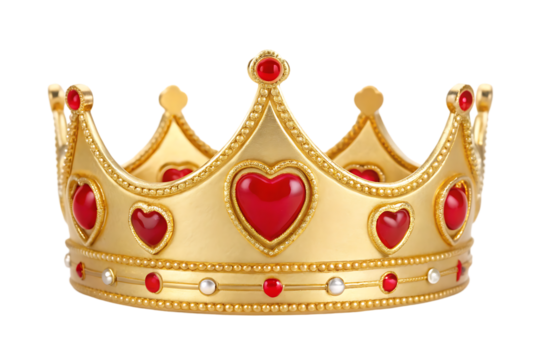 Gold crown with red heart jewels. Royalty, luxury, success.