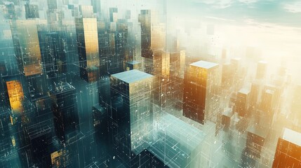 A conceptual cityscape with facades composed of floating geometric shape 