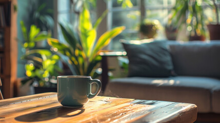 cozy living room scene featuring steaming cup on wooden table, surrounded by lush plants and comfortable sofa
