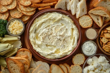 Fototapeta premium Artichoke Dip surrounded by Homemade Breads and Crackers for Dipping, Warm and Creamy with Parmesan and Mozzarella Cheese