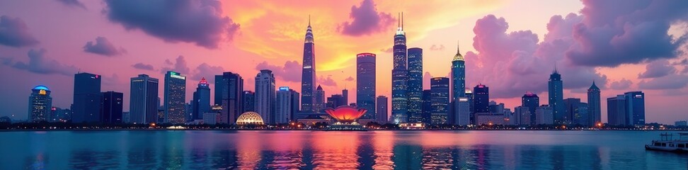 Fototapeta premium Intricate skyline, vibrant buildings, Manila Bay backdrop, buildings, Asia