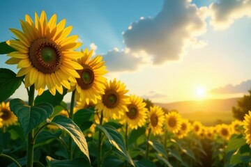 Obraz premium Sunflowers stretching towards sun, green stalks, beauty, background, photography