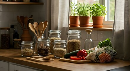 A beautifully arranged eco-friendly kitchen setup featuring rustic wooden utensils, 16:9