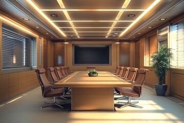 A large conference room is shown in the illuminated modern style