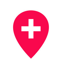 Obraz premium Medical location icon. Hospital location map pointer, medical cross, medical facility location icon with pin symbol. Emergency aid, health care map pointer. Vector Illustration.