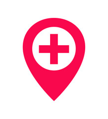 Obraz premium Medical location icon. Hospital location map pointer, medical cross, medical facility location icon with pin symbol. Emergency aid, health care map pointer. Vector Illustration.
