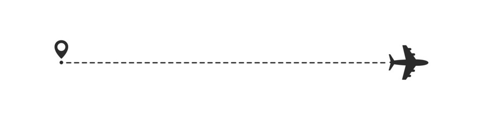 Airplane line path route icon. Air plane flight route with start and end point with dash route line trace. travel concept. Plane flight way wallpaper isolated on white background.