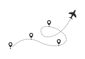 Airplane line path route icon. Air plane flight route with start and end point with dash route line trace. travel concept. Plane flight way wallpaper isolated on white background.