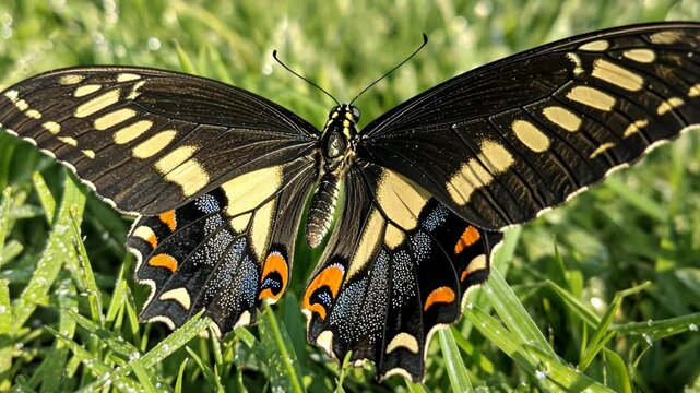 Stunning Eastern Tiger Swallowtail Butterfly on Dewy Grass