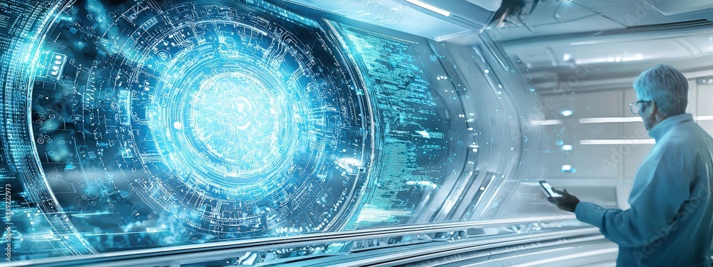 Poster futuristic scientist exploring digital interface in advanced lab