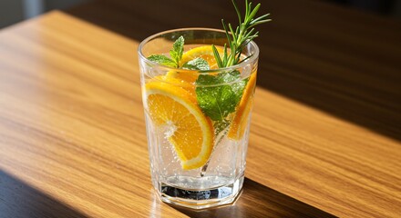 Fototapeta premium 爽やかオレンジとハーブの清涼飲料 木漏れ日輝くグラス