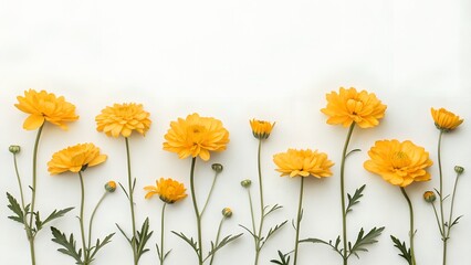 Fototapeta premium Golden Yellow Flowers Flat Lay Minimalist Background with Copy Space 