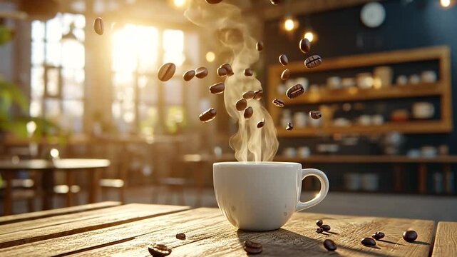 A steaming cup of coffee with floating beans in a cozy caf? setting during golden hour