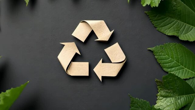 Recycling symbol on dark background surrounded by green leaves in natural arrangement depicting environmental responsibility