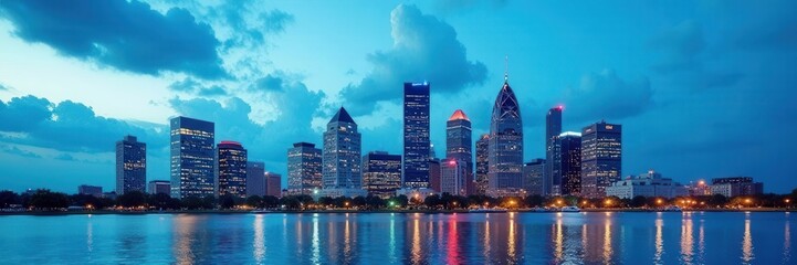 Tampa's dramatic cityscape, modern high-rises against blue sky , architecture photography, sun