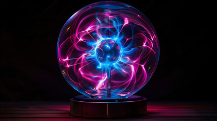 A glowing plasma ball emitting vibrant blue and pink electric streams in a futuristic setting.