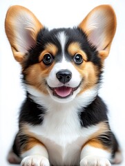 Fototapeta premium Adorable tricolor corgi puppy smiling on white background