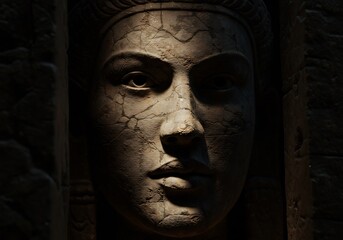 静謐な闇、柔らかな光照らす石像の顔。神秘的彫刻