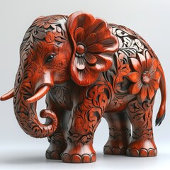 Obraz premium A vibrant red elephant, intricately carved with detailed textures, standing majestically on a white background.
