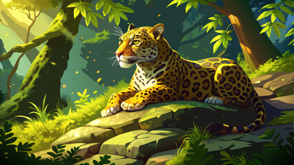 vector of powerful jaguar resting on a moss-covered rock, its golden-spotted coat glowing under the dappled sunlight filtering through the dense canopy